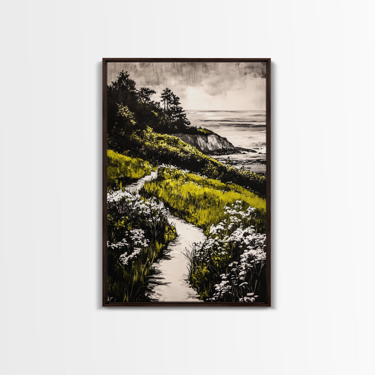 Pathway View, Coastal Nature Painting, Canvas Print, Scenic Landscape, Green and White Wall Art, Serene Home Decor, Boho Artwork