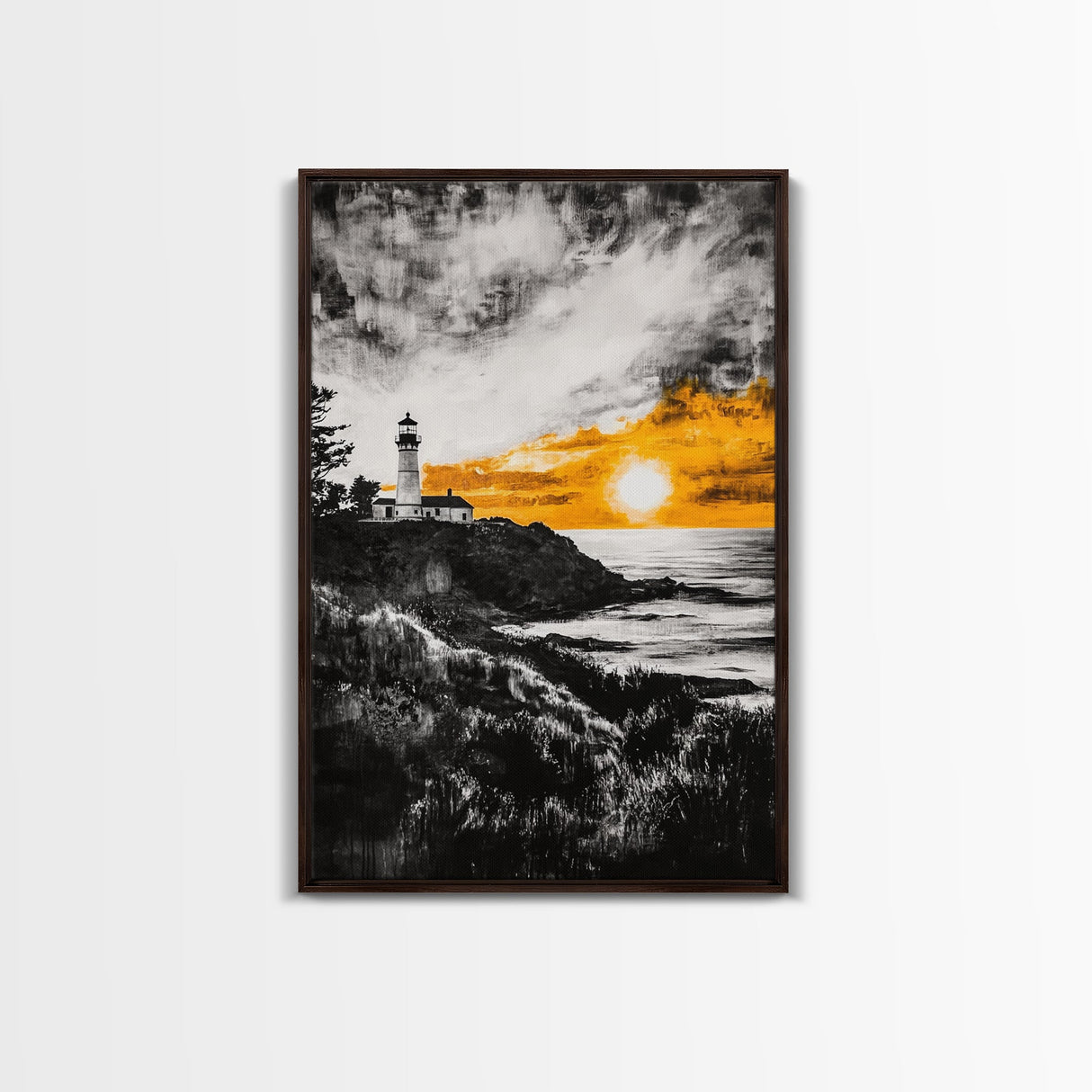 Lighthouse Sunset, Nautical Wall Art, Coastal Painting, Canvas Print, Orange and Black Artwork, Ocean Home Decor, Beach House Design