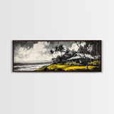 Tropical Beach House, Coastal Landscape Painting, Black and White Palm Tree Print, Island Wall Decor, Relaxing Canvas Print, Framed Canvas Print