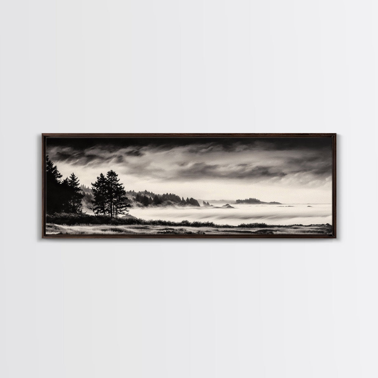 Misty Forest, Black and White Landscape, Minimalist Art, Large Wall Decor, Living Room Wall Art, Framed Canvas Print, Rustic Home Decor