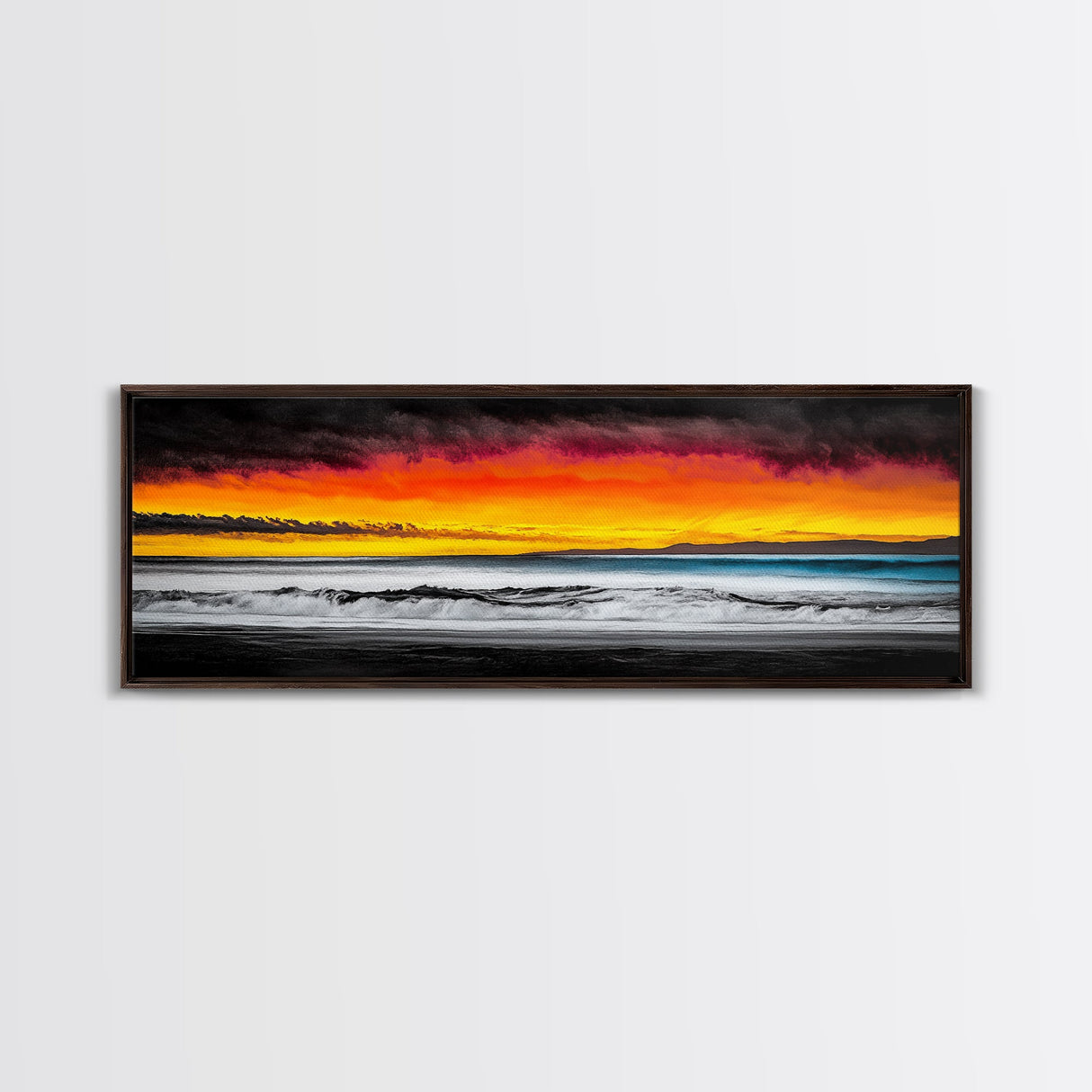 Fiery Sunset, Beach Scene, Ocean Waves, Vibrant Seascape, Framed Canvas Print, Living Room Art, Modern Coastal Wall Art, Beach House Decor