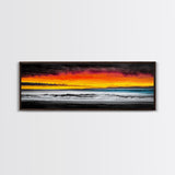 Fiery Sunset, Beach Scene, Ocean Waves, Vibrant Seascape, Framed Canvas Print, Living Room Art, Modern Coastal Wall Art, Beach House Decor