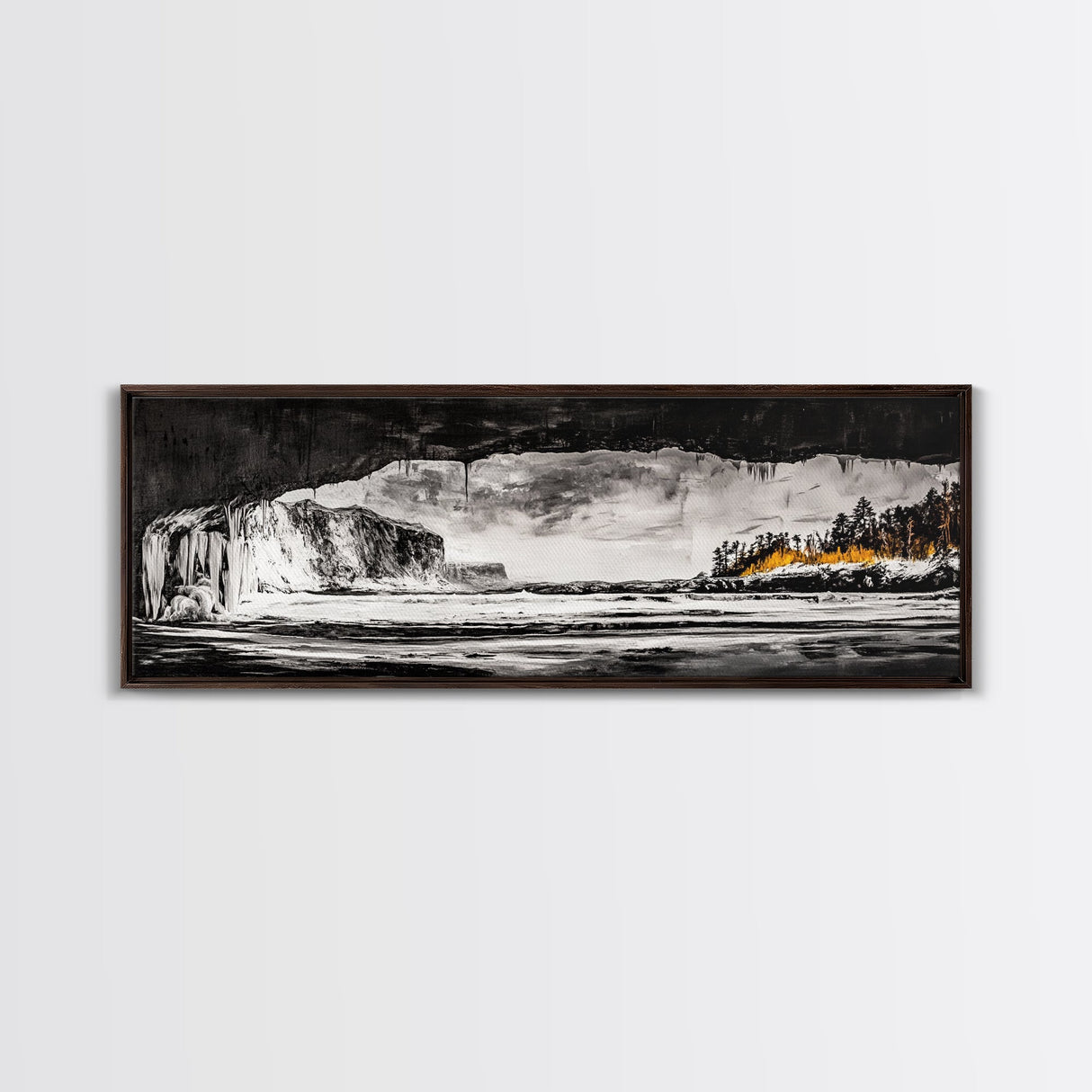 Frozen Cave, Monochrome Landscape, Framed Canvas Print, Winter Wall Art, Dramatic Nature Scene, Home Office Decor, Unique Black and White Art