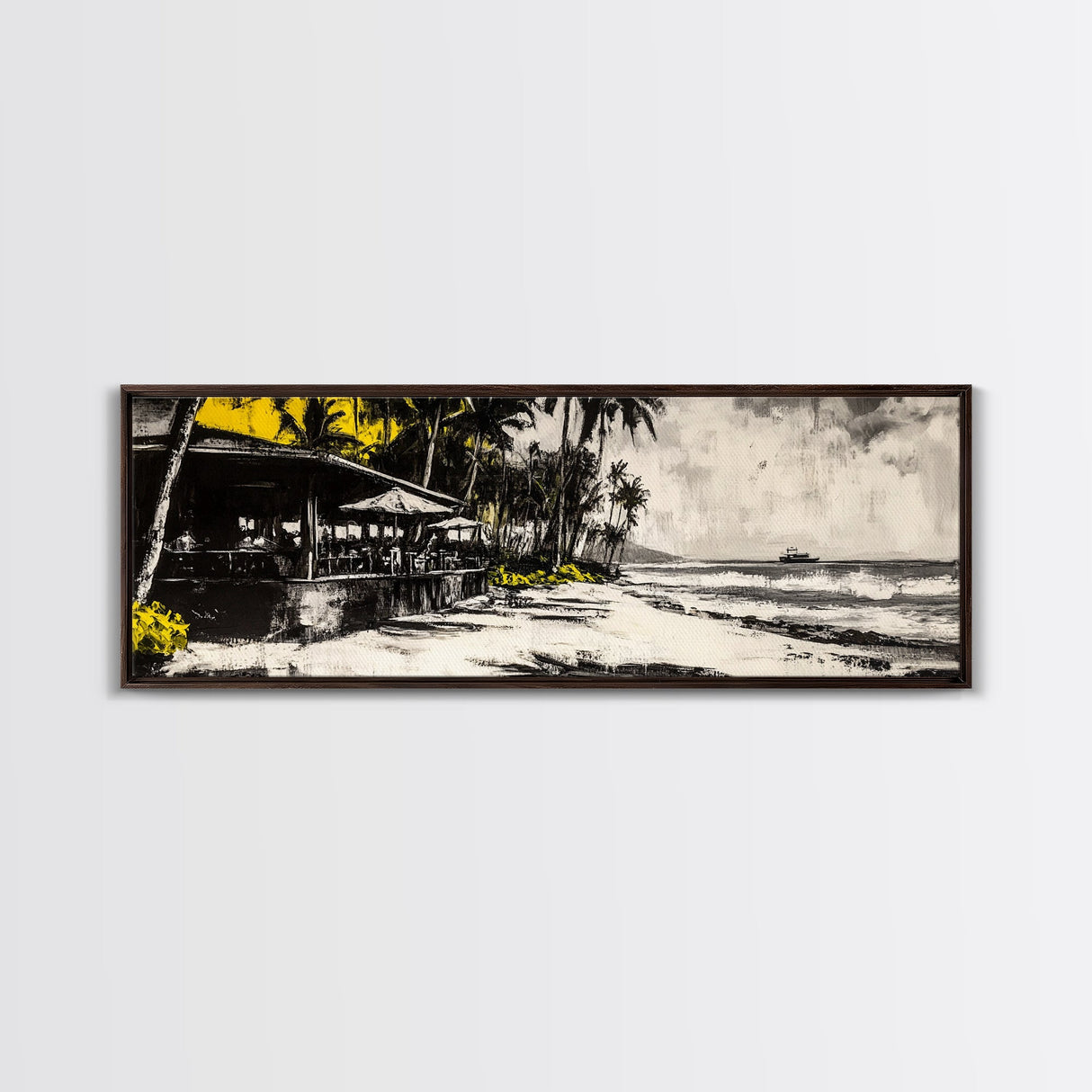 Beachside Restaurant, Ocean Waves, Coastal Cafe, Palm Trees, Framed Canvas Print, Tropical Wall Art, Living Room Art, Nautical Decor
