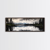 Mountain Reflection, Tranquil Lake Art, Black and White Landscape, Nature Inspired Decor, Framed Canvas Print, Cabin Wall Art, Moody Forest Scene