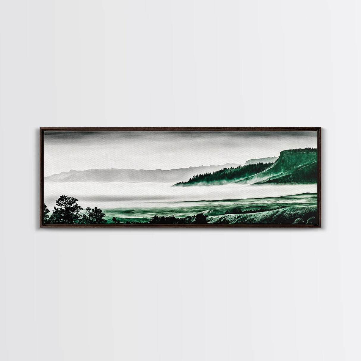 Foggy Mountains, Misty Forest Scene, Serene Nature Art, Minimalist Wall Decor, Framed Canvas Print, Bedroom Wall Art, Green Tones, Tranquil Vibes