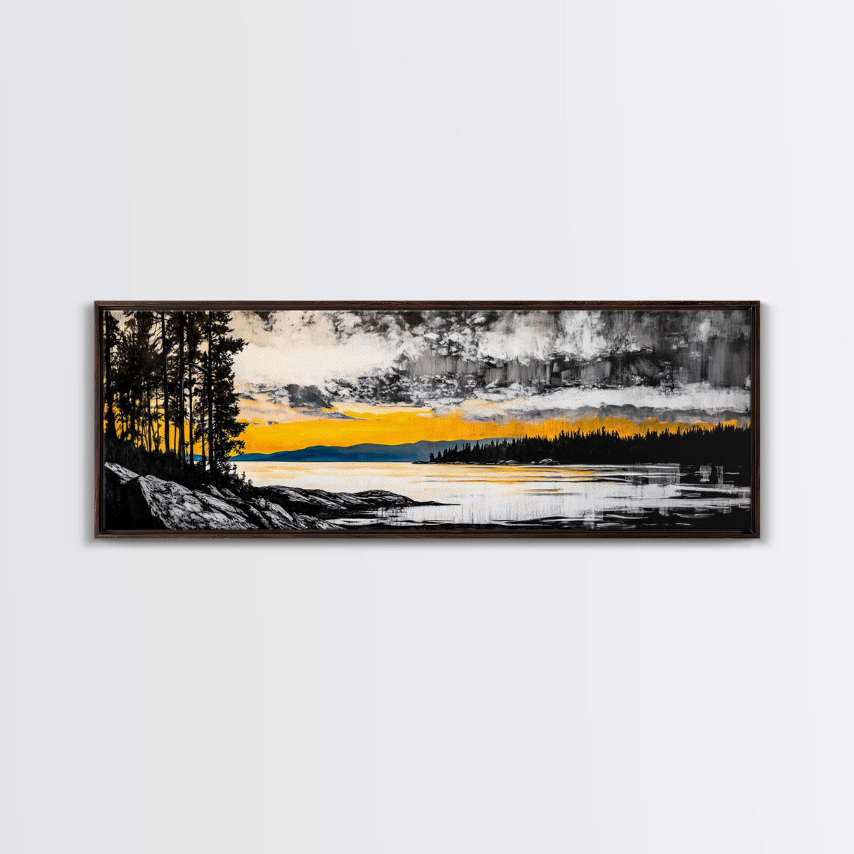Sunset Reflection, Golden Lake, Nature Art, Framed Canvas Print, Modern Landscape, Large Wall Art, Living Room Decor, Rustic Style