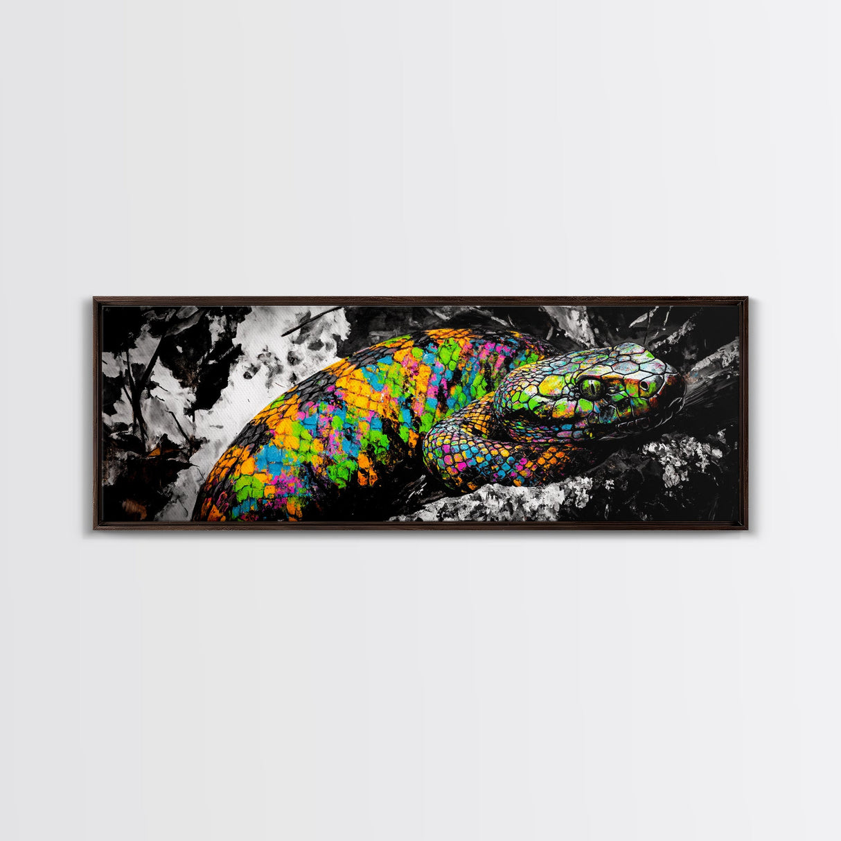 Colorful Snake, Psychedelic Reptile Art, Nature Painting, Wildlife Print, Vibrant Scales, Unique Wall Decor, Framed Canvas Print
