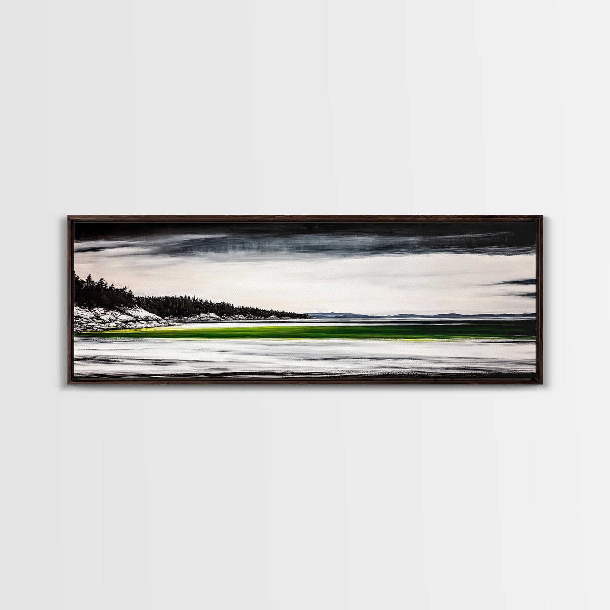 Serene Lake, Monochrome Water Art, Minimalist Nature, Dramatic Sky, Green Accent, Modern Home Wall Decor, Framed Canvas Print