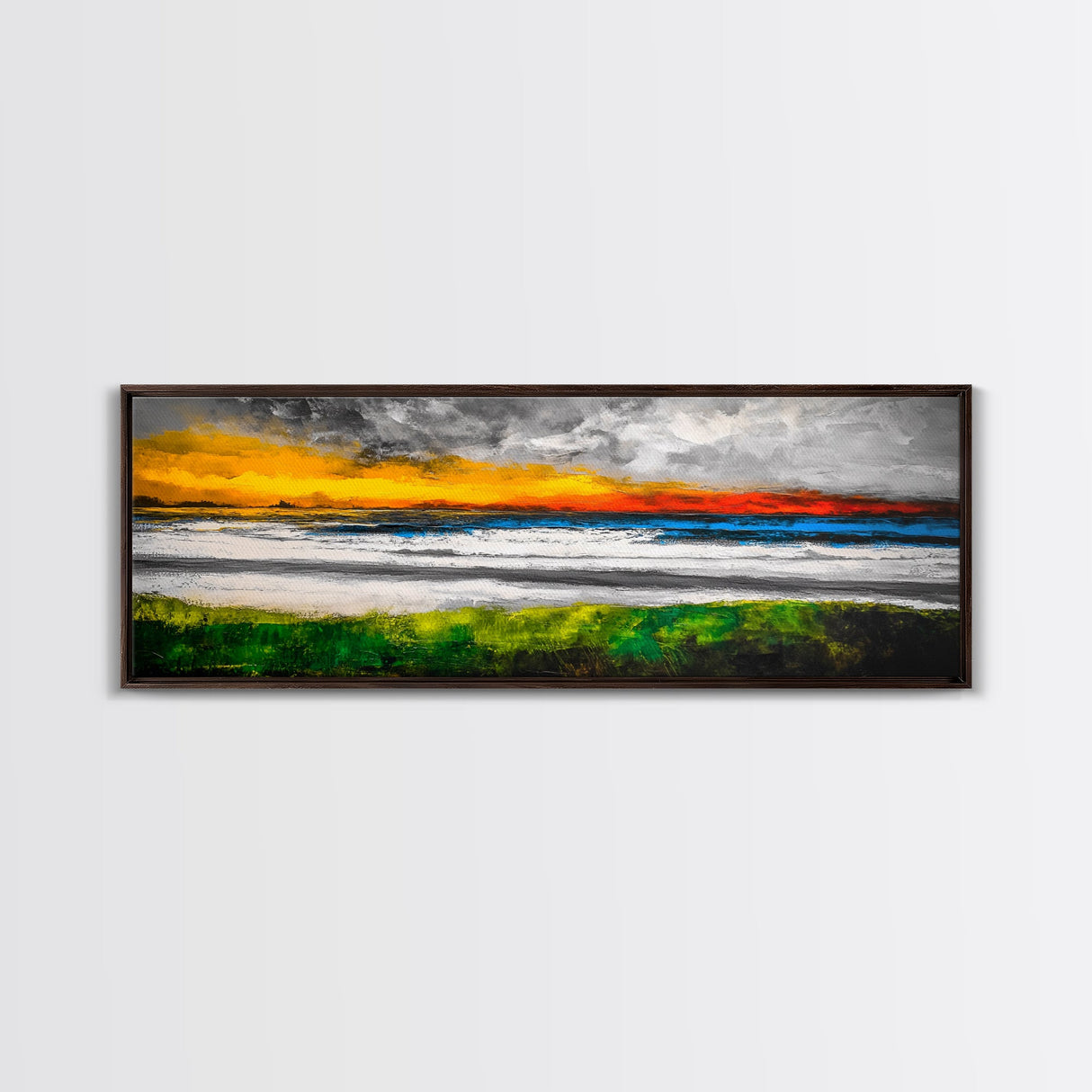 Sunset Beach, Ocean Waves, Abstract Seascape, Framed Canvas Print, Modern Coastal Decor, Living Room Wall Art, Beach House Art