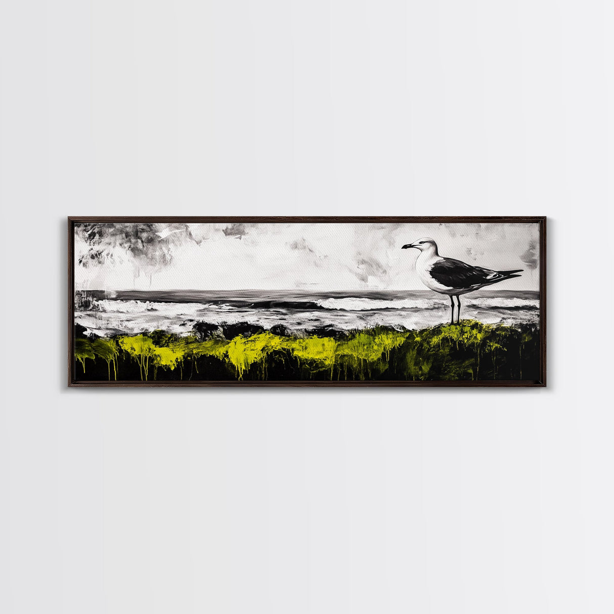 Seagull Perch, Ocean Shore, Moody Sky, Framed Canvas Print, Coastal Wall Art, Beach House Decor, Nautical Artwork, Nature Inspired