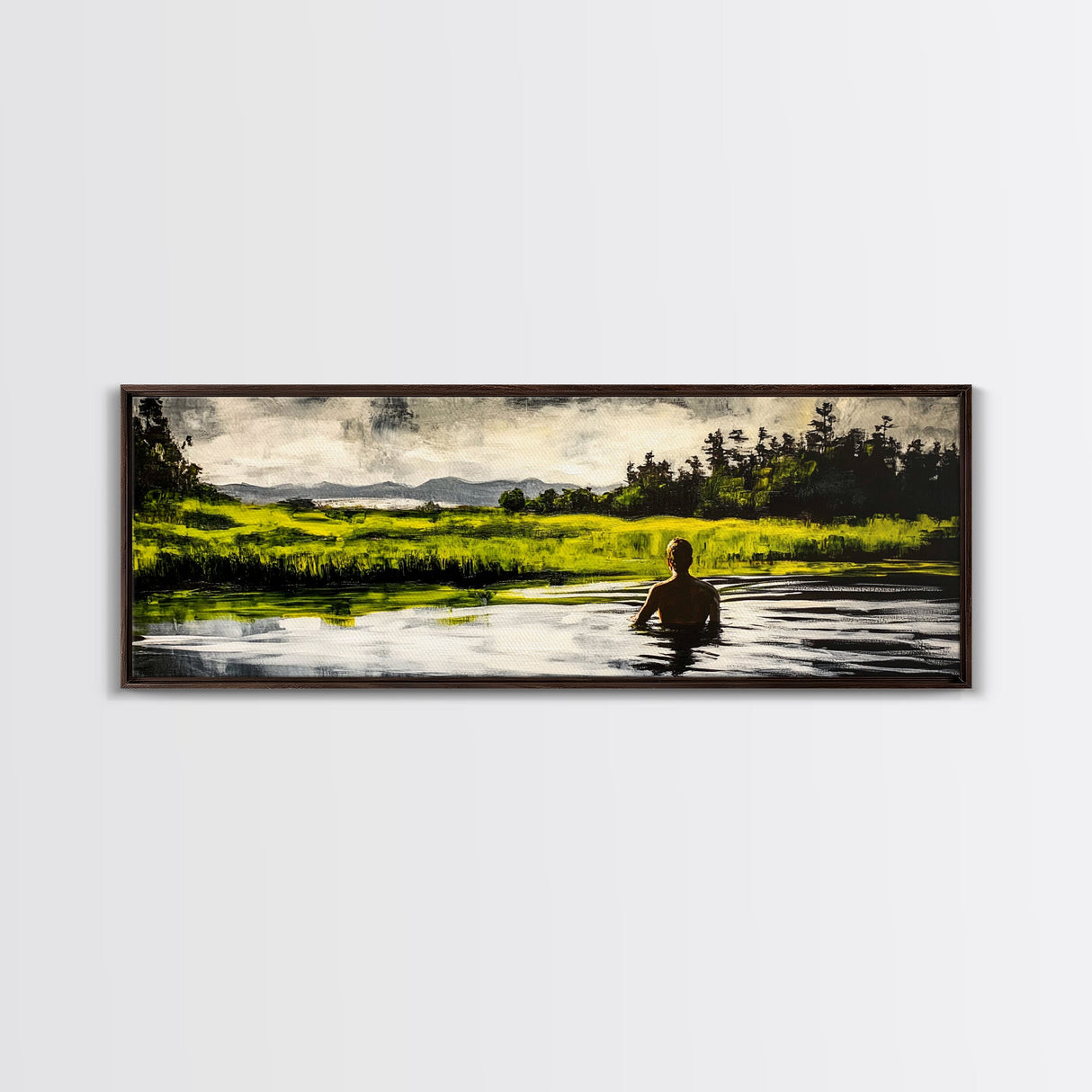 Man, Water, Reflection, Framed Canvas Print, Serene Landscape Art, Tranquil Wall Decor, Nature Inspired Painting, Moody Green Aesthetic