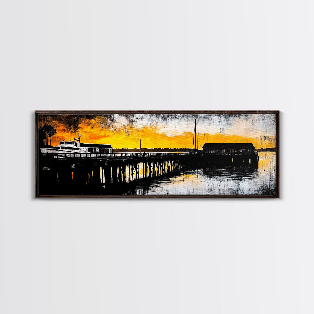 Sunset Pier, Coastal Wall Art, Nautical Art, Framed Canvas Print, Rustic Wall Decor, Boho Art, Living Room Art, Boat Painting