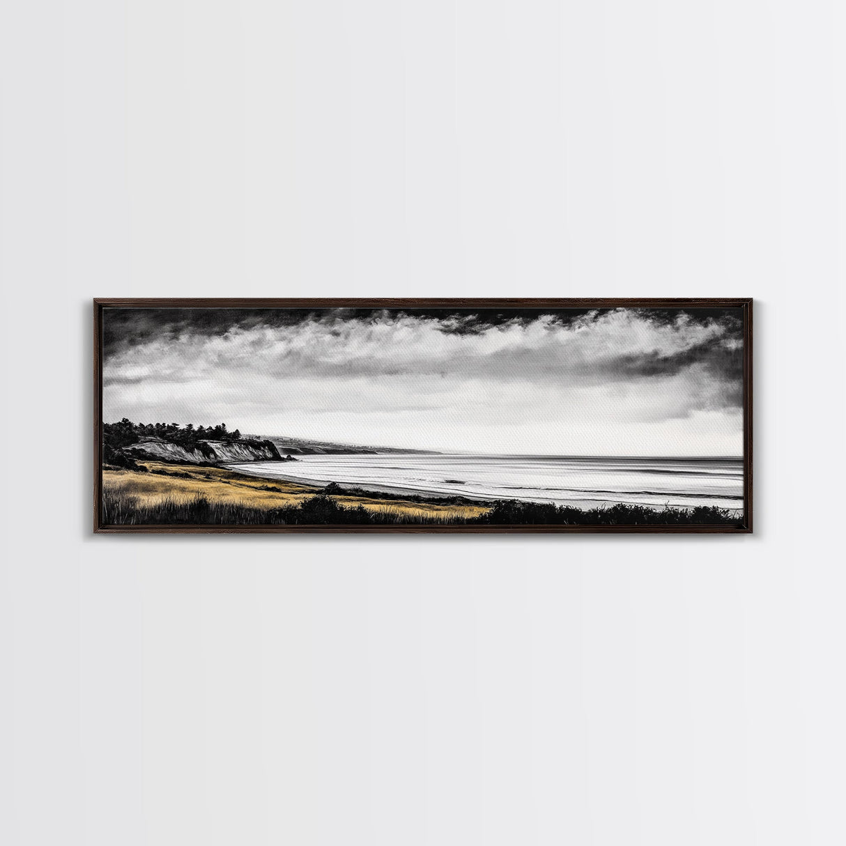 lack White Coast, Stormy Ocean, Dramatic Sky, Framed Canvas Print, Minimalist Seascape, Monochrome Wall Art, Office Decor, Bedroom Accent