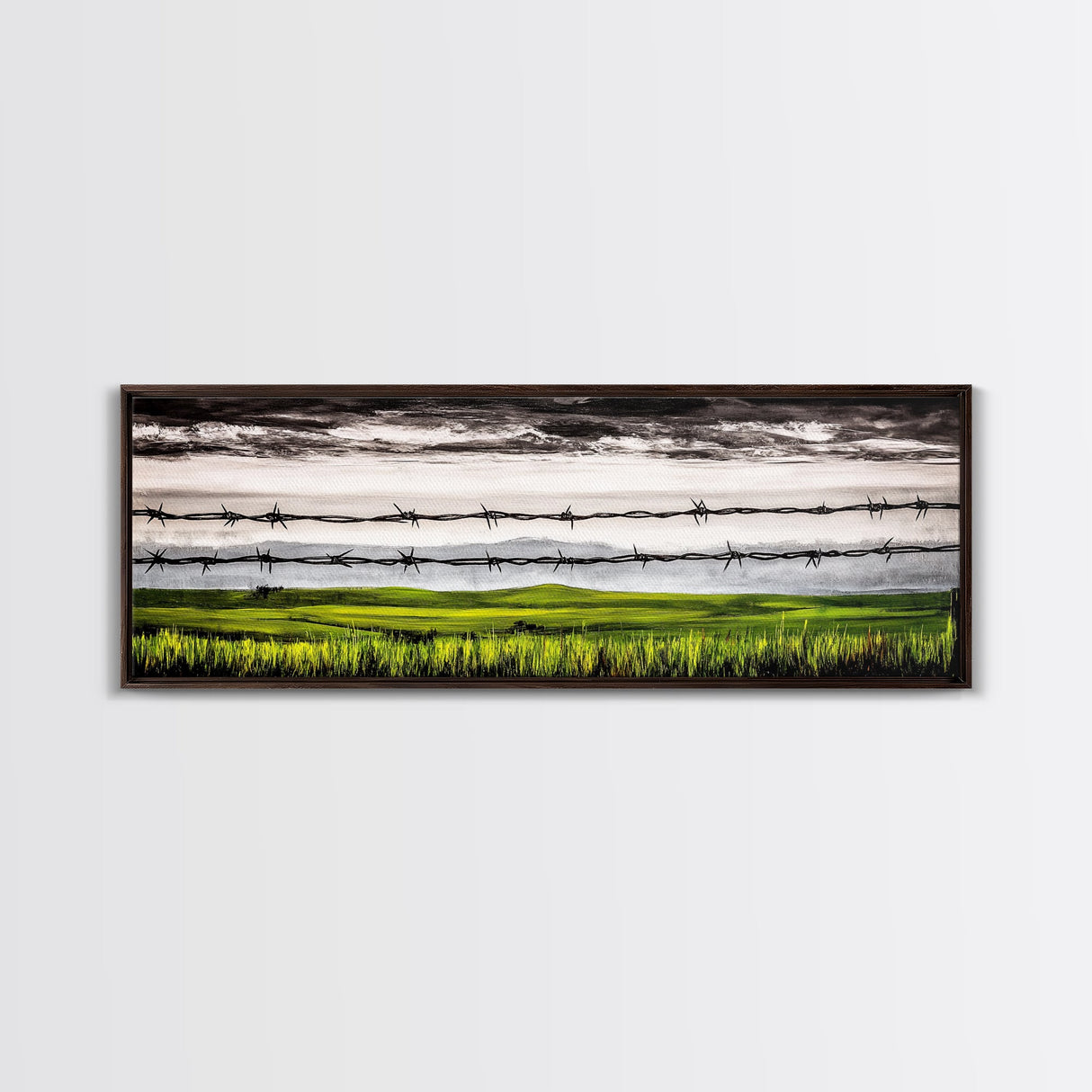 Barbed Wire Art, Rural Landscape Print, Farmhouse Wall Decor, Countryside Canvas Print, Rustic Living Room Art, Framed Canvas Print