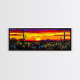 Desert Sunset Art, Vibrant Cactus Painting, Warm Boho Landscape, Southwestern Wall Decor, Bold Nature Print, Framed Canvas Print