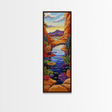 Pond Lilies, Canyon Scene, Framed Canvas Print, colorful lily pond canyon art, desert blooms, bold nature painting, dining room wall art