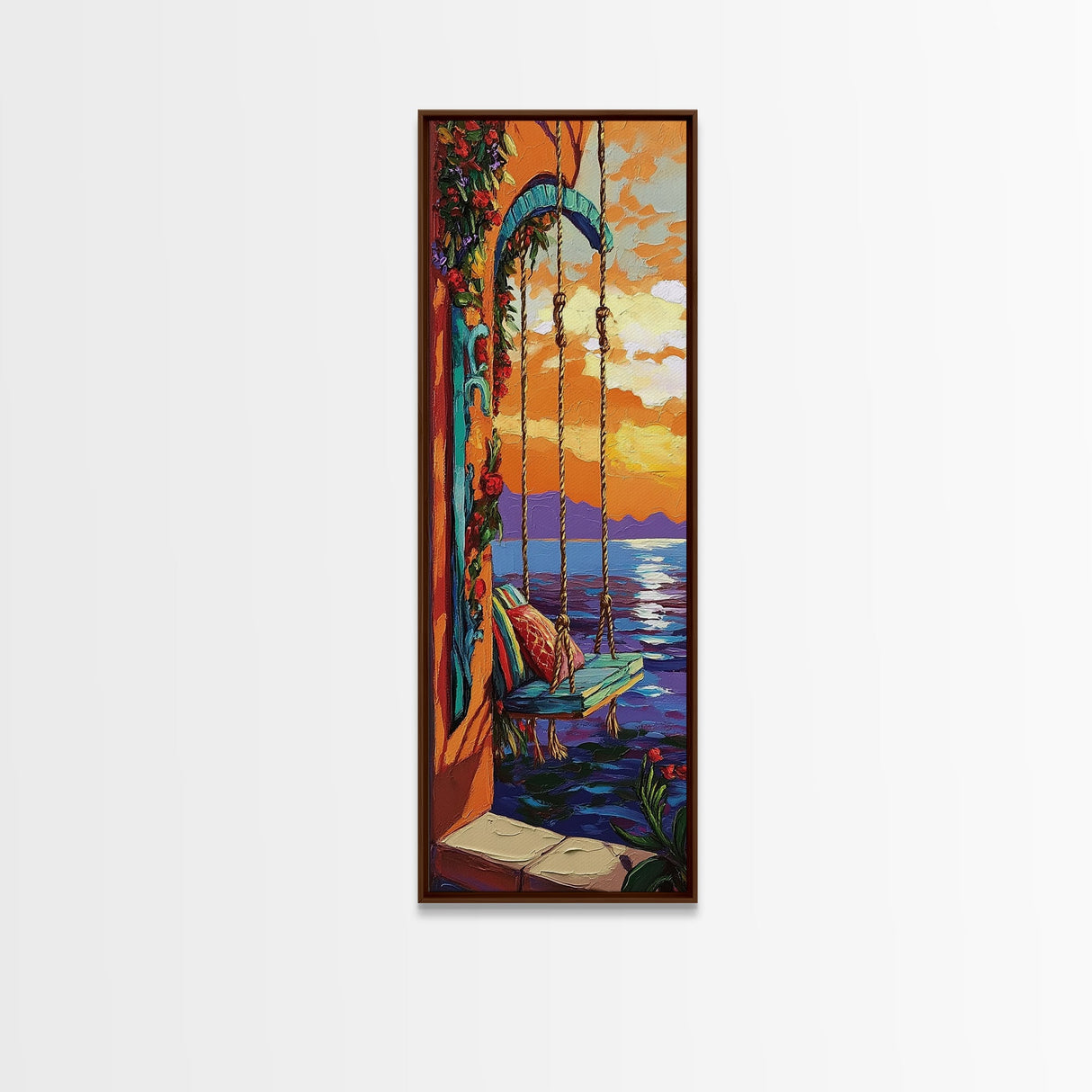 Swing Balcony, Sunset Painting, Framed Canvas Print, cozy seaside, balcony swing view, dreamy boho home decor, tropical romantic sunset wall art