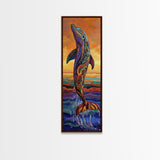 Dolphin Ocean, Sunset Splash, Vibrant marine wall decor Framed Canvas Print, colorful coastal boho art, beach house wall art
