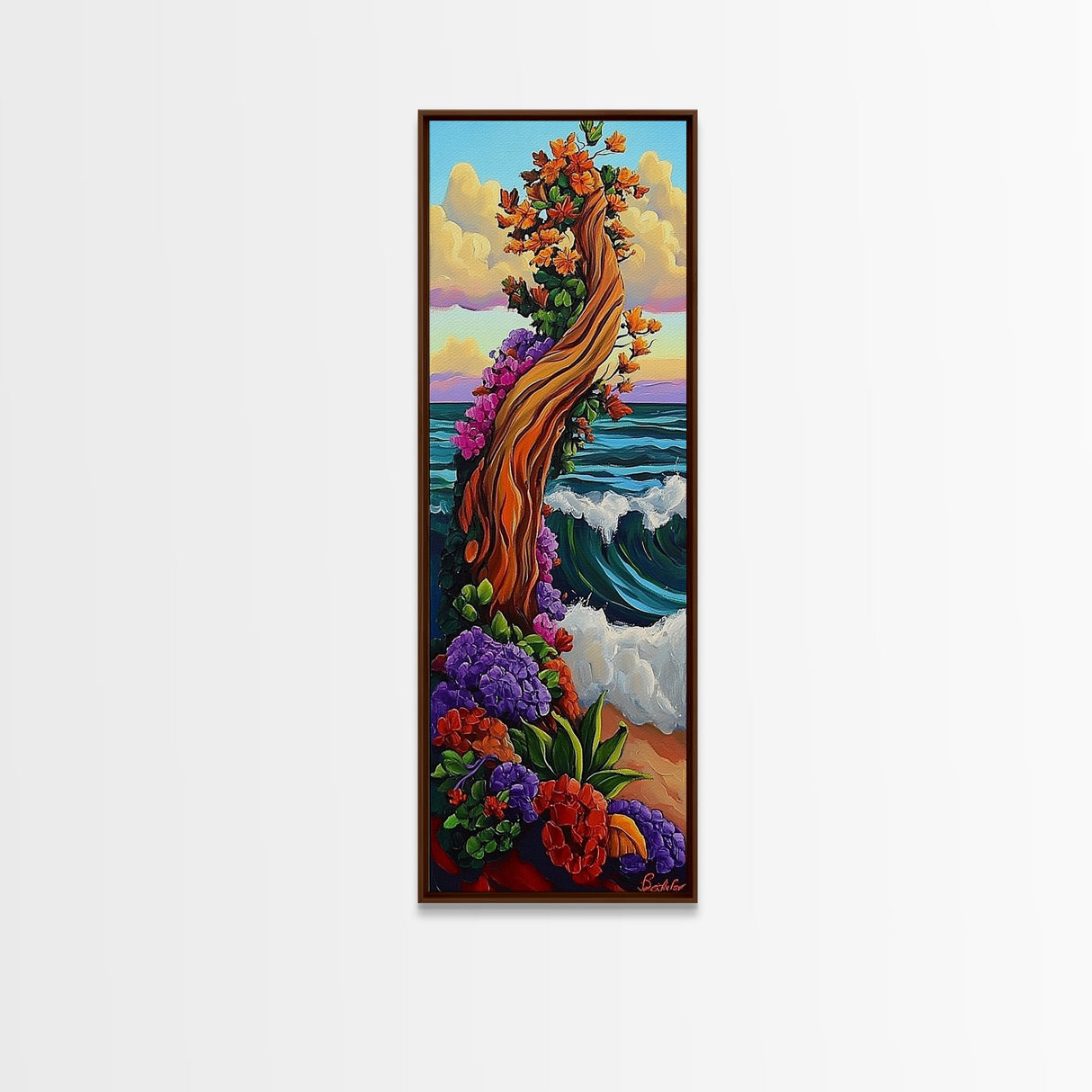 Tree Ocean, Flowers Waves, Whimsical tree by sea Framed Canvas Print, vibrant fantasy wall art, kids room or decor