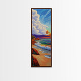 Peaceful Shoreline, Colorful Sunset, Framed Canvas Print ocean waves art, colorful sunset beach painting, vibrant sky seascape, nature art