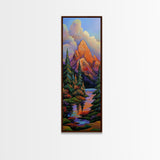 Mountain Pines, Autumn Stream, Framed Canvas Print vibrant alpine landscape painting, autumn trees and lake reflection, rustic lodge wall decor