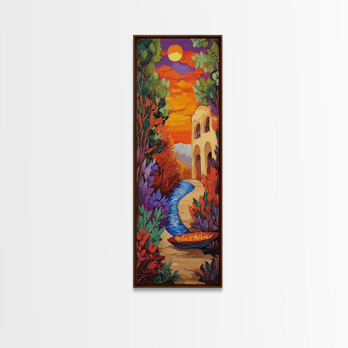 Sunset River, Autumn Glow – Framed Canvas Print fall foliage landscape art, moody abstract painting, warm tones hallway wall art, boho decor