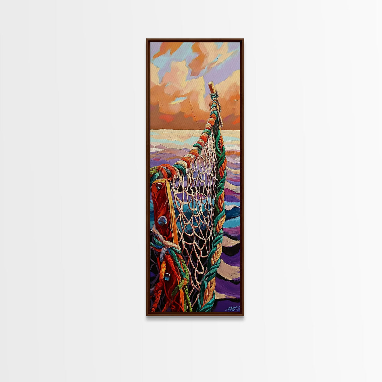 Net Ocean, Sunset Nautical – Canvas Print rustic fisherman’s net painting, nautical themed wall art, beach decor, living room statement art