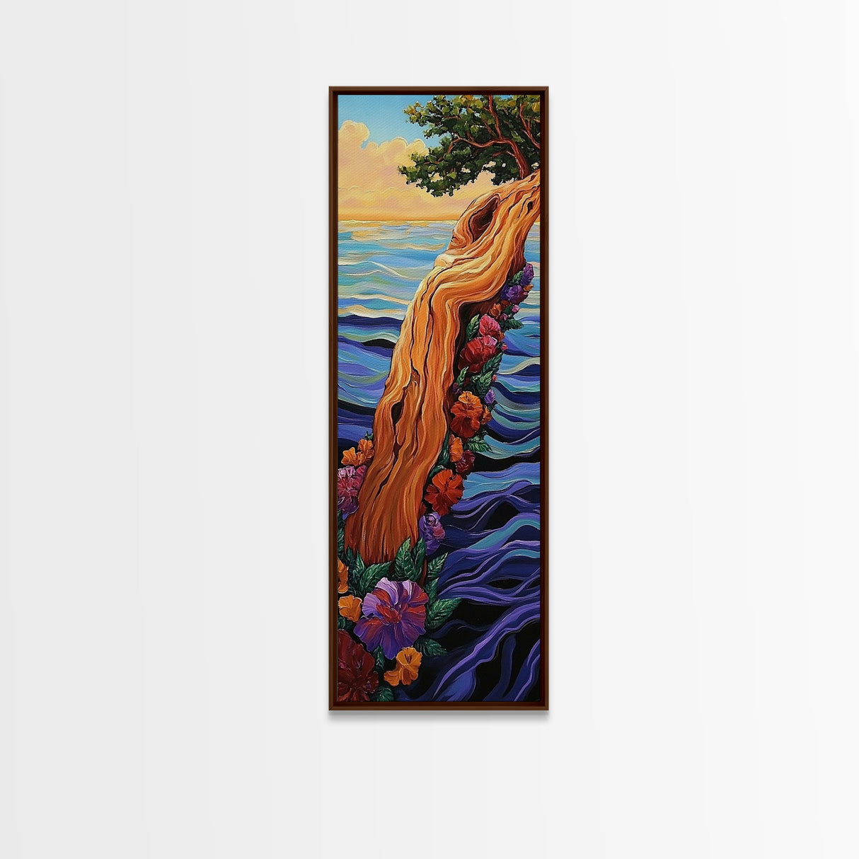 Driftwood Tree, Ocean Flowers, Nature Fantasy, Framed Canvas Print, colorful whimsical beach art, botanical art, coastal living room decor