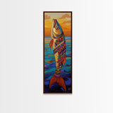 Tribal Fish, Ocean Sunset, Nautical Folk Art, Framed Canvas Print, coastal kitchen decor, whimsical ocean creature, colorful boho wall art