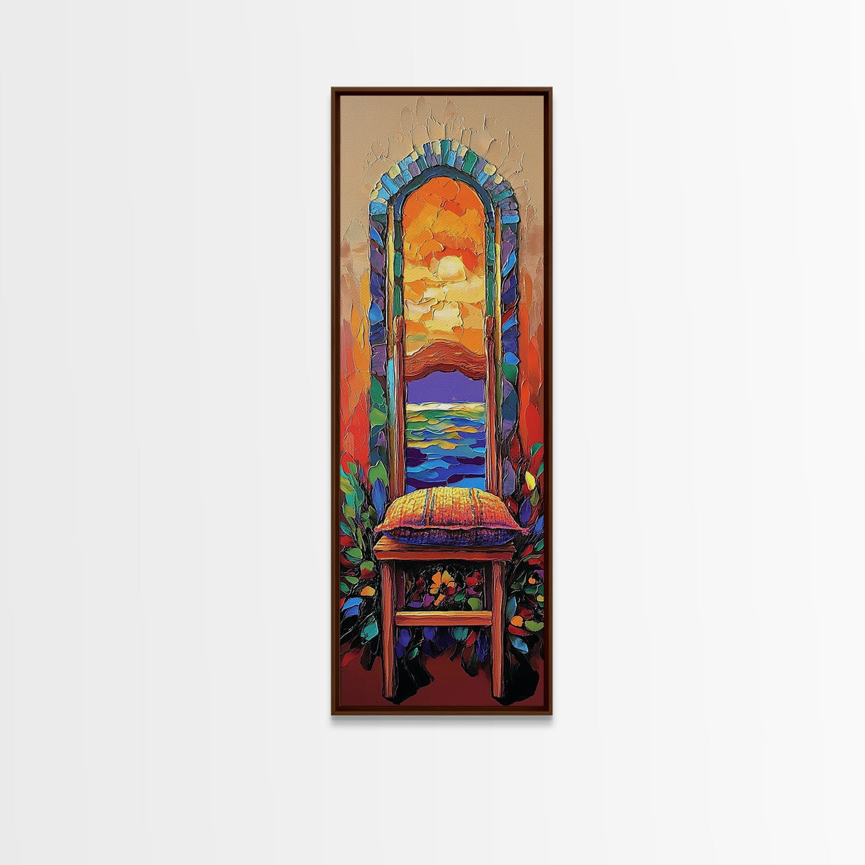 Chair, Window, Dream View, Colorful Surreal Framed Canvas Print, Vibrant Boho Wall Art, Bedroom Accent Piece, Artistic Home Decor Statement