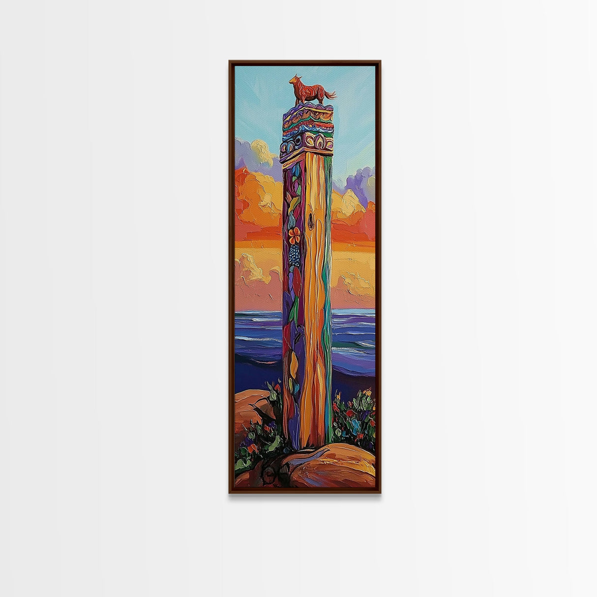 Totem, Ocean, Sunset, Whimsy - Framed Canvas Print, Coastal Totem Wall Art, Whimsical Beach House Decor, Colorful Folk Art Living Room Style