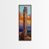 Totem, Ocean, Sunset, Whimsy - Framed Canvas Print, Coastal Totem Wall Art, Whimsical Beach House Decor, Colorful Folk Art Living Room Style
