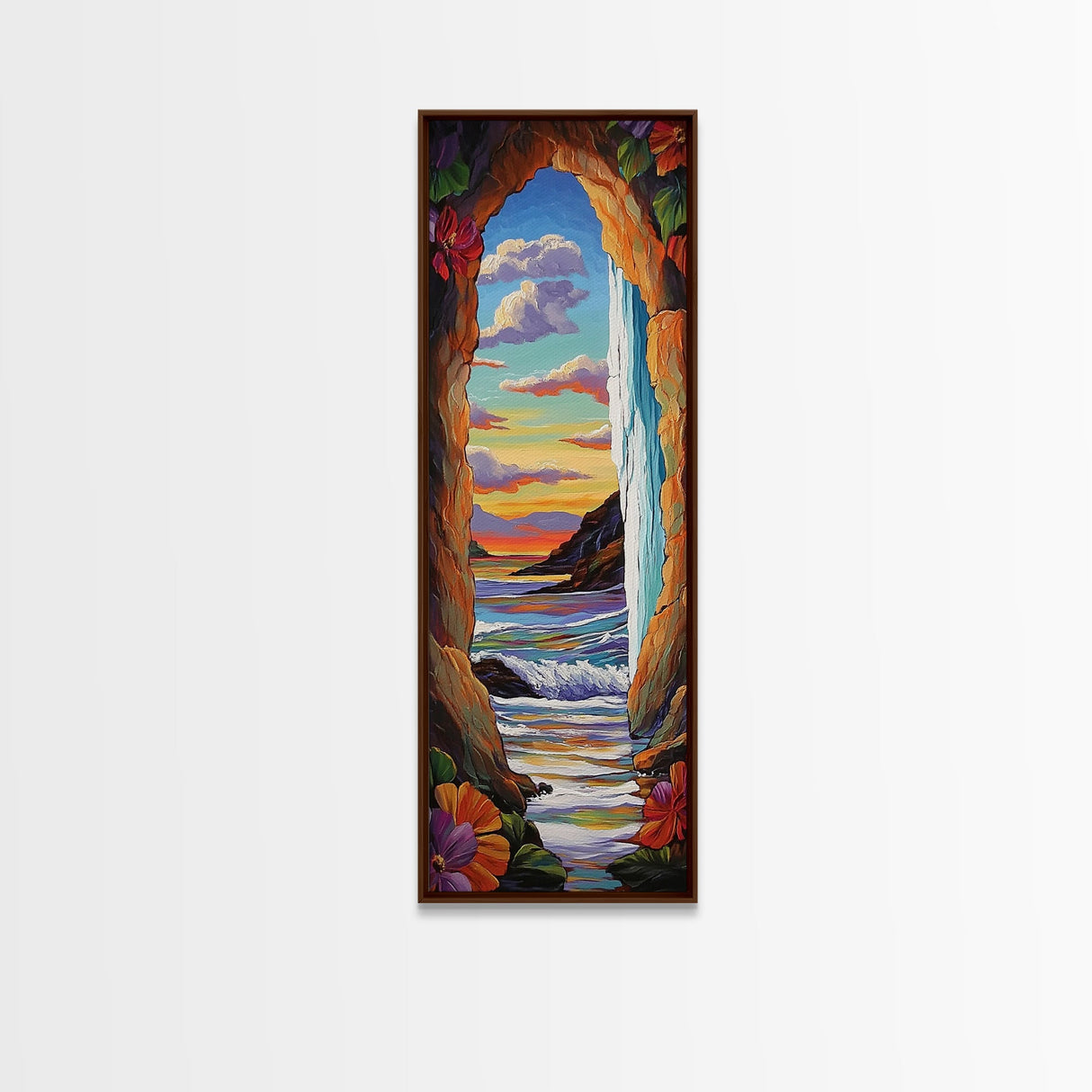 Ocean, Sunset, Archway, View, Framed Canvas Print, Coastal wall decor, tropical beach art, vibrant living room painting, boho landscape style