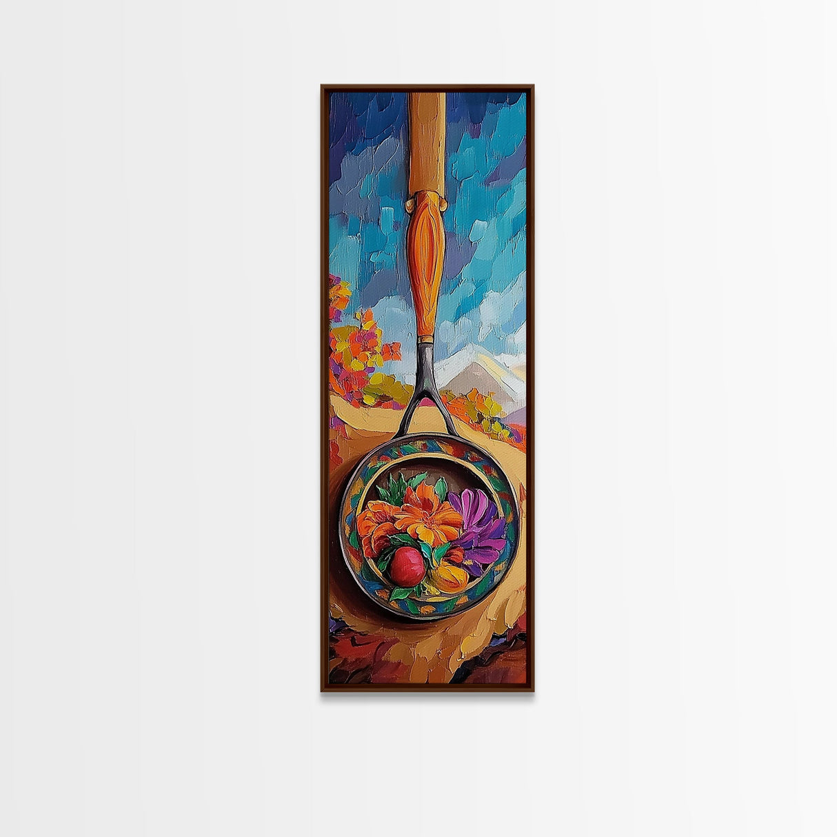 Frying, Pan, Fruit, Flowers, Framed Canvas Print, Kitchen wall decor, farmhouse fall art, rustic home accent, colorful culinary still life