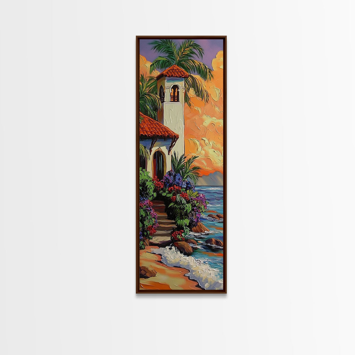 Seaside, Villa, Sunset, Palms, Framed Canvas Print, Coastal tropical wall art, beach house decor, boho living room painting, colorful home vibes