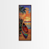 Sunset, Boat, Beach, Tropical, Framed Canvas Print, coastal boat painting, beach wall art, living room decor, colorful sunset, nautical art