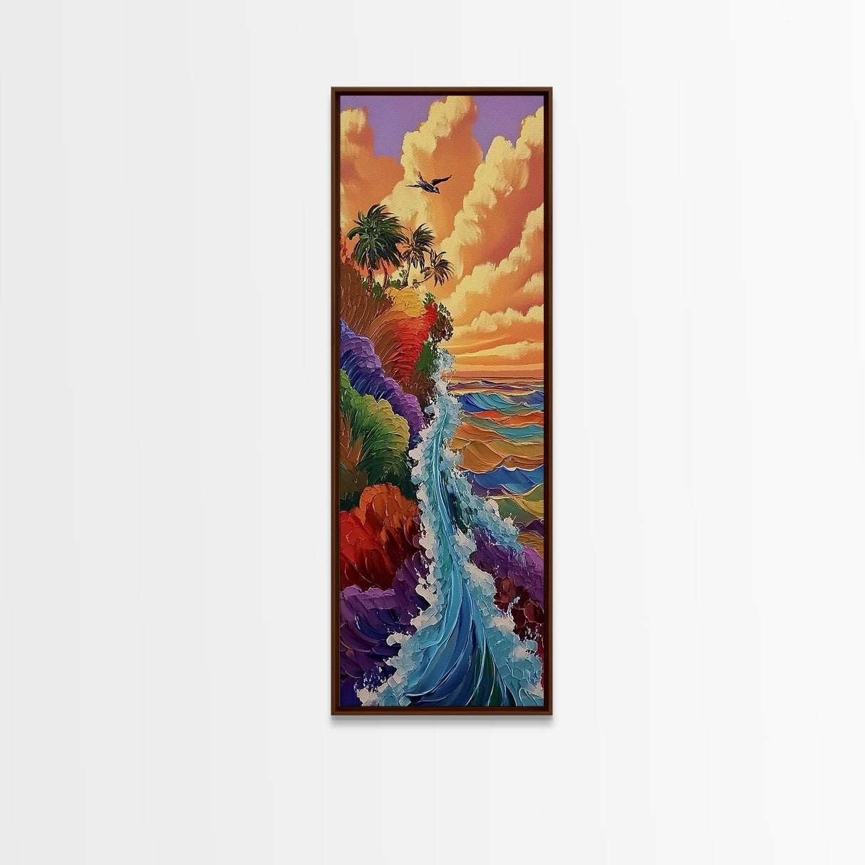 Rainbow Cliff, Ocean Waves, Sunset Coast, Framed Canvas Print, tropical beach decor, vibrant boho wall art, coastal entryway painting