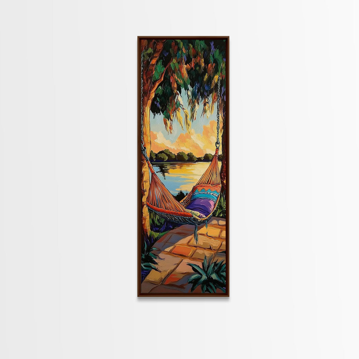 Hammock, Sunset, Relaxation, Trees, Framed Canvas Print, Boho Patio Wall Decor, Summer Vibes, Chill Outdoor Art, Serene Living Room Accent