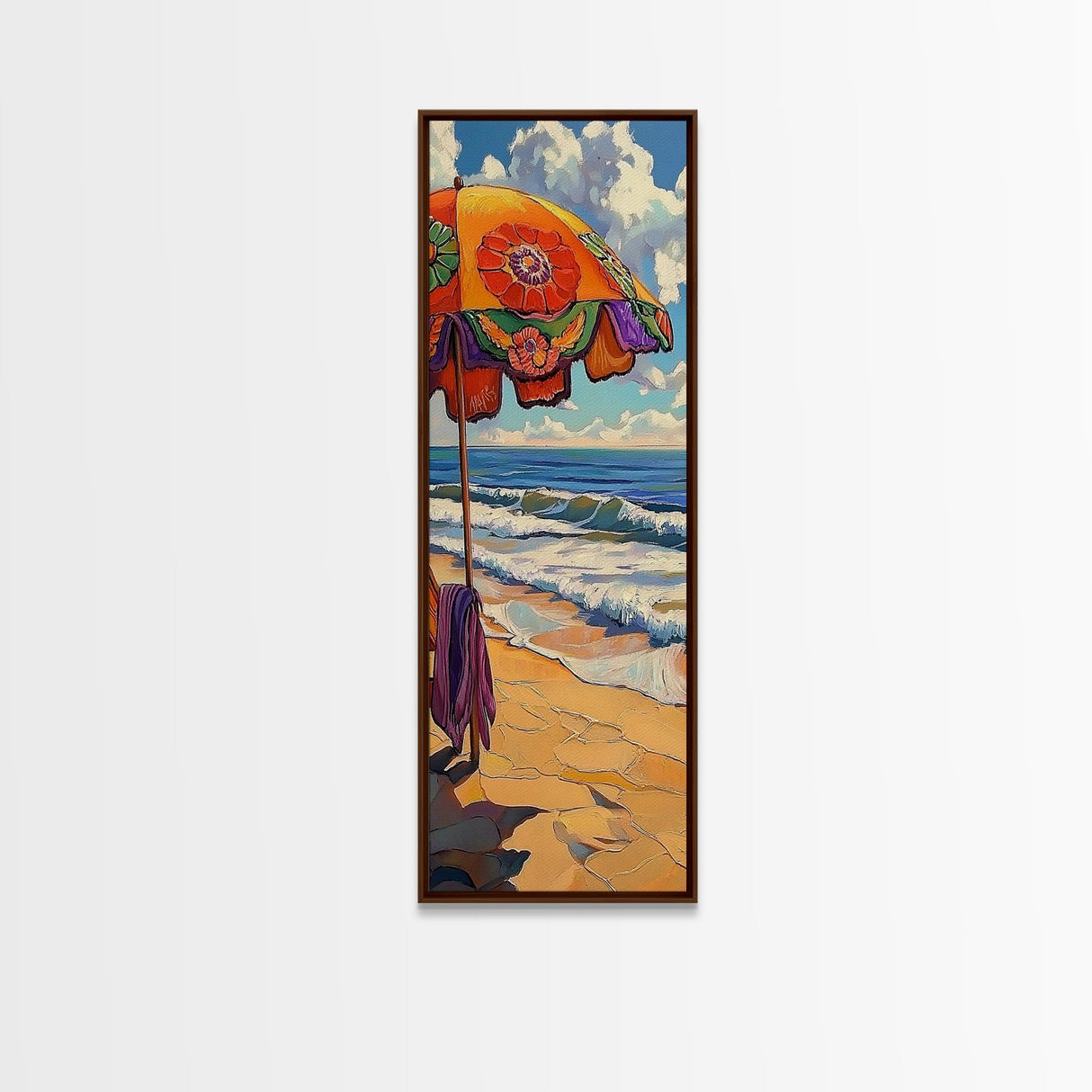 Beach, Umbrella, Waves, Retro Summer Vibes Coastal Framed Canvas Print, Colorful Ocean Wall Art, Beach House Decor, Living Room Art