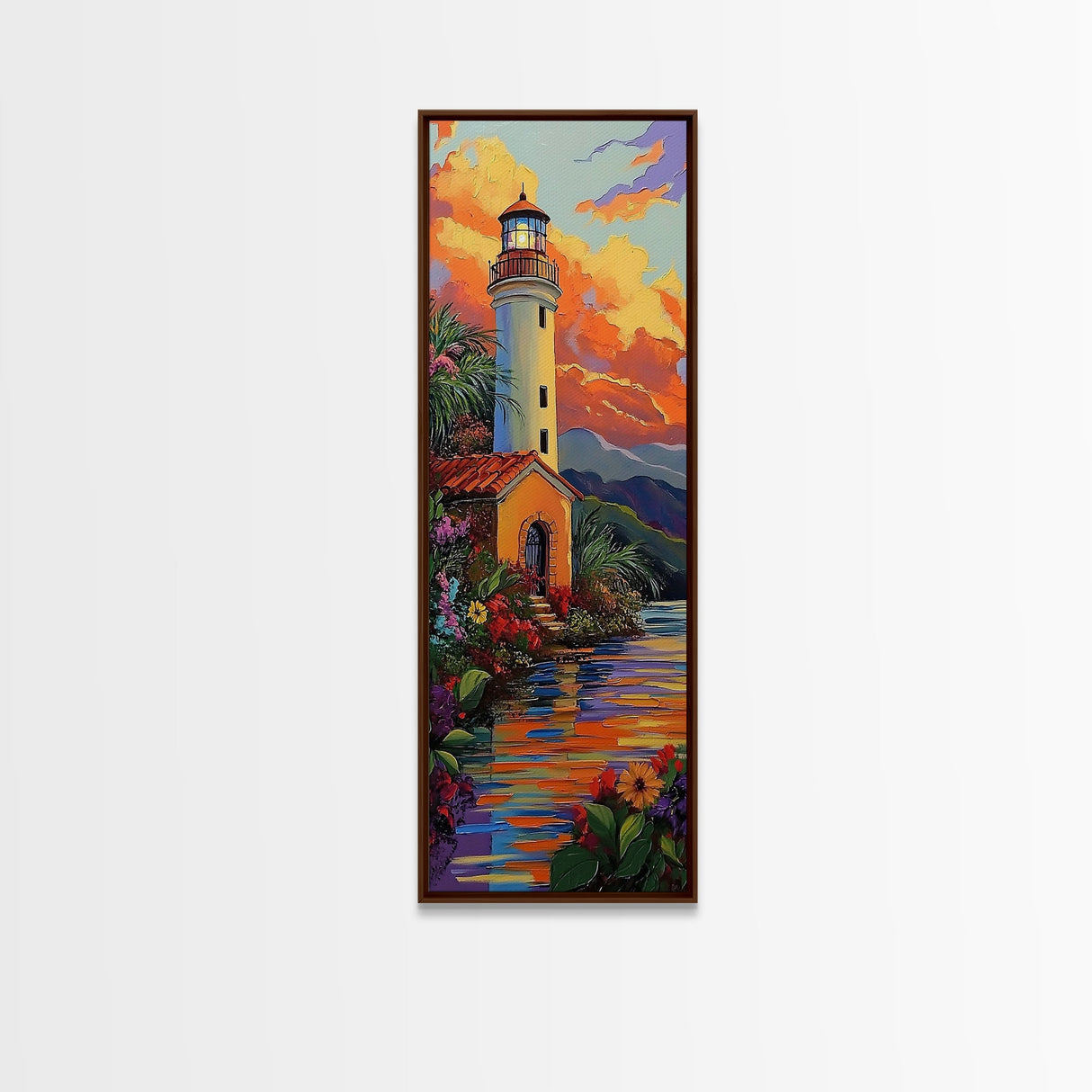 Lighthouse, Mountains, Sunset, Water, Framed Canvas Print, Coastal Landscape Wall Art, Nautical Home Decor, Vibrant Living Room Artwork