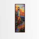 Lighthouse, Mountains, Sunset, Water, Framed Canvas Print, Coastal Landscape Wall Art, Nautical Home Decor, Vibrant Living Room Artwork