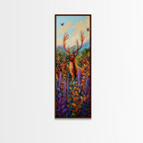 Elk, Meadow, Nature, Art, Framed Canvas Print featuring deer herd in wildflowers, cozy lodge style, Autumn cabin decor, rustic wall art