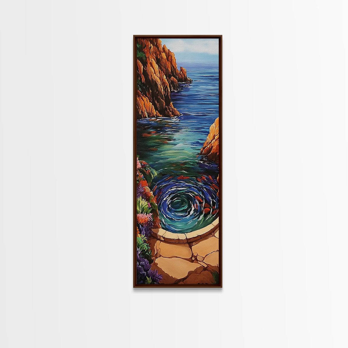 Ocean, Vortex, Cliffside, Landscape, Framed Canvas Print with ocean whirlpool, mystical seascape, fantasy art, coastal bathroom wall art