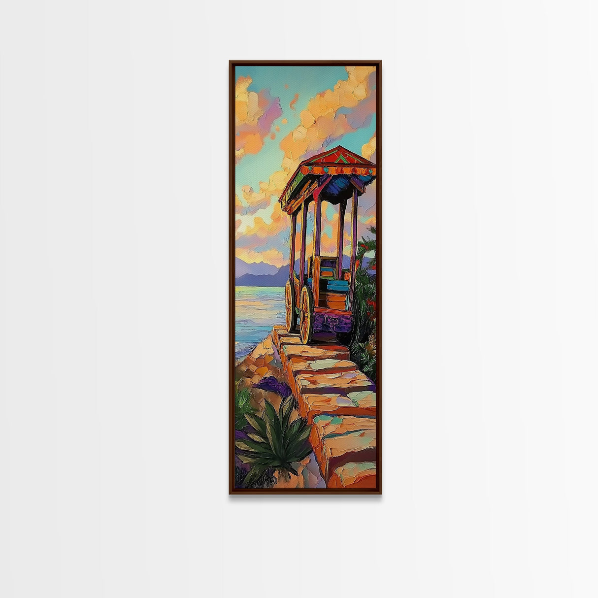Wagon, Desert, Sunset, Vibes, Framed Canvas Print with rustic colorful wagon, boho western decor, entryway wall art, farmhouse aesthetic