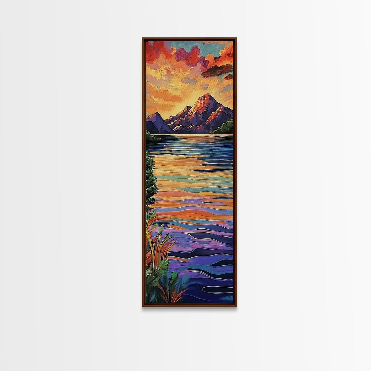 Sunset, Mountain, Reflection, Lake, Framed Canvas Print with vibrant water, dramatic skies, boho living room wall art, nature lover gift