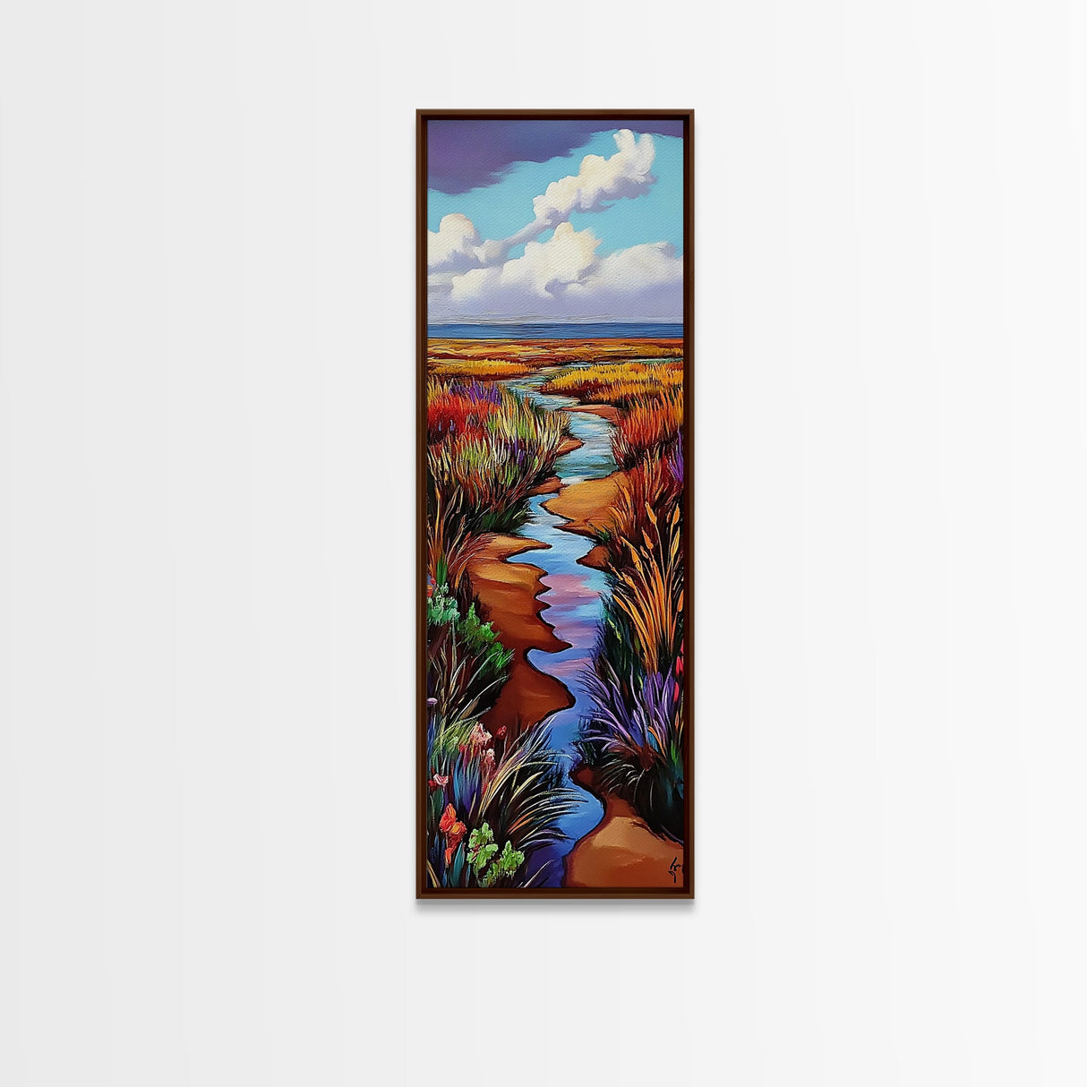 Wildflower, Marsh, Coastal, Path, Framed Canvas Print with golden autumn grasses, colorful marshland, farmhouse entryway wall decor