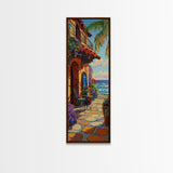 Patio, Ocean, Palm Trees, Tropical Coastal Balcony Framed Canvas Print, Boho Beach House Art, Outdoor Dining Wall Decor, Summer Vibes
