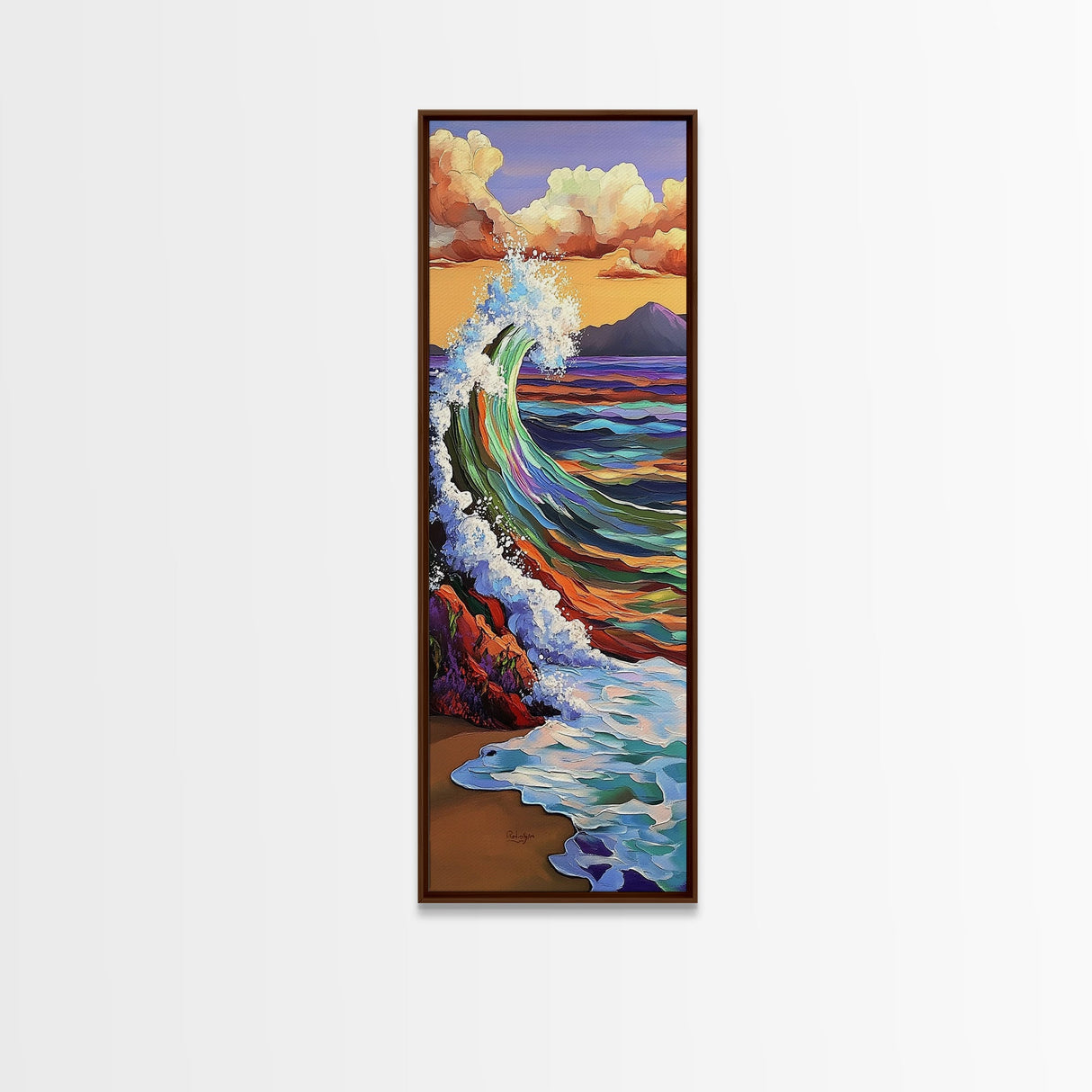 Rainbow, Wave, Sea, Surf, Framed Canvas Print, Bold Ocean Art, Coastal Wall Decor, Surfer Boho Style, Beach House Accent