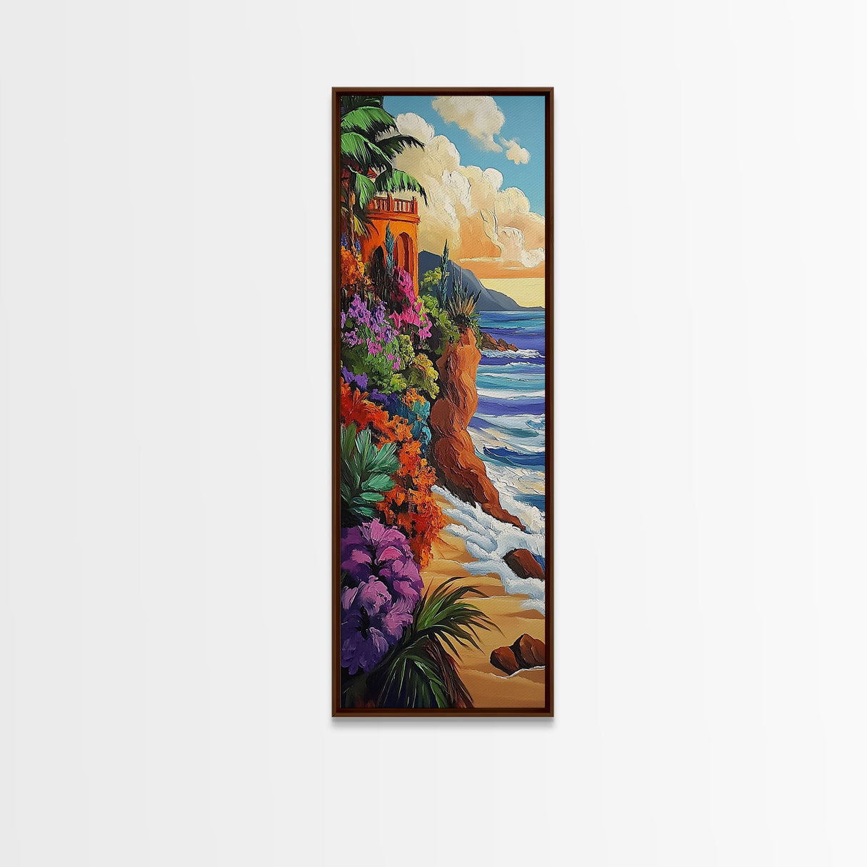 Ocean, Flowers, Cliff, Sunset, Framed Canvas Print, Vibrant Coastal Landscape, Dining Room Wall Art, Colorful Beachside Decor